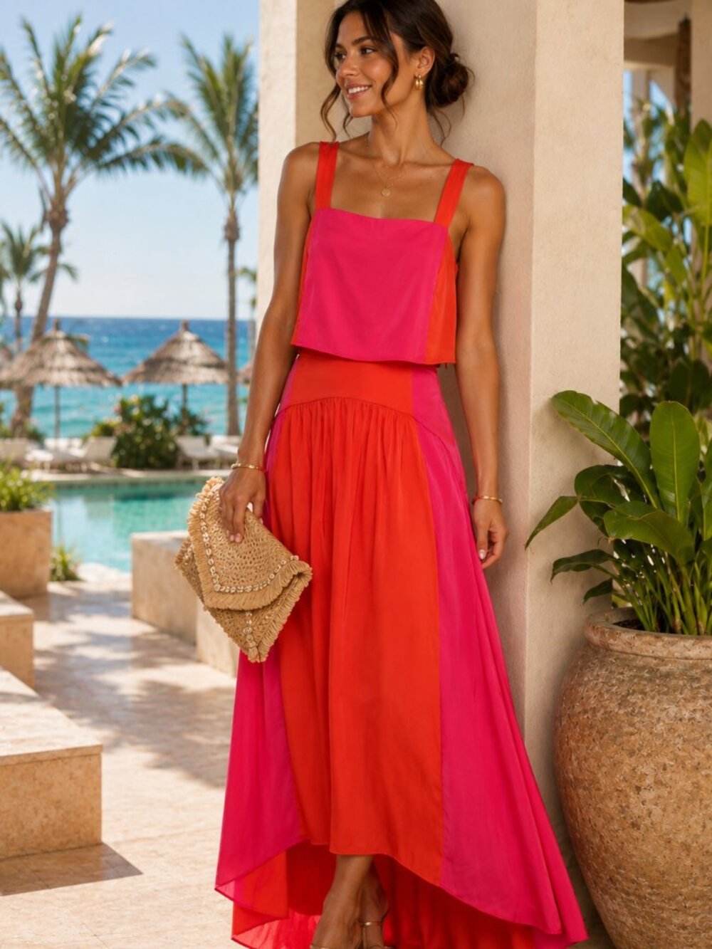 Petal & Pup Lula Color Block Two Piece Skirt Set with Cropped Tank, Sz. M